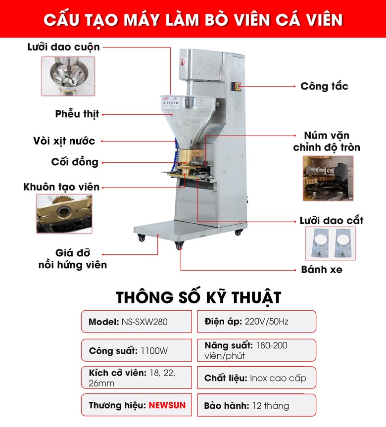 Cấu tạo máy làm bò viên, cá viên cối đồng