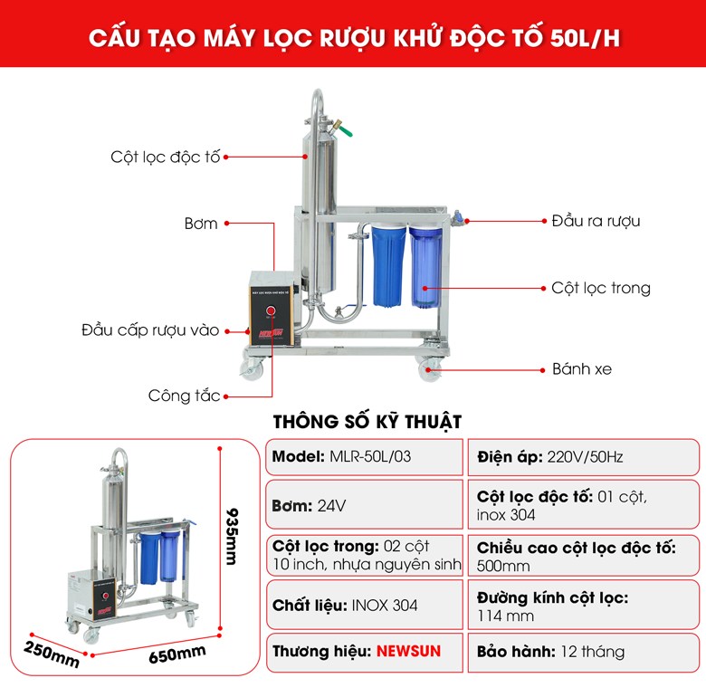 Cấu tạo máy lọc rượu khử độc tố 50l/h