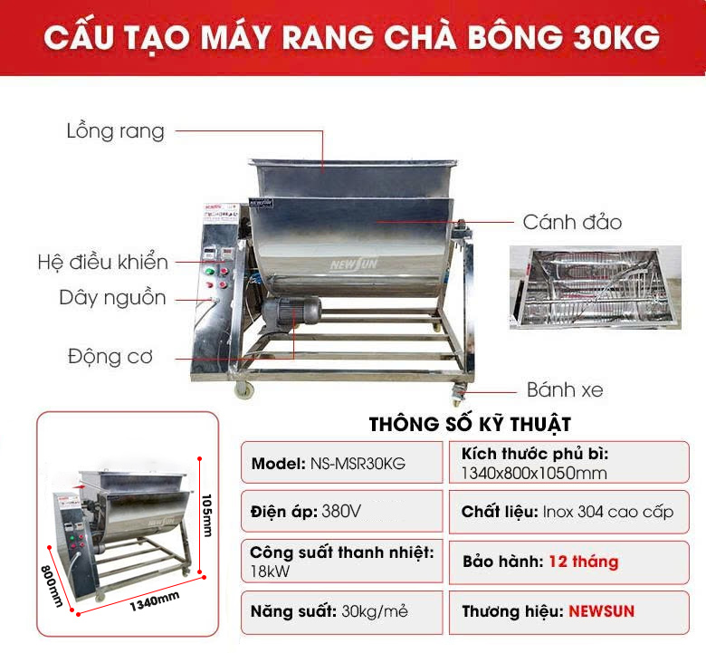 Cấu tạo máy rang chà bông 30kg