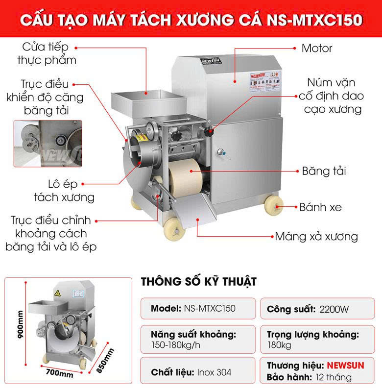 Chi tiết cấu tạo máy tách xương cá NS-MTXC150