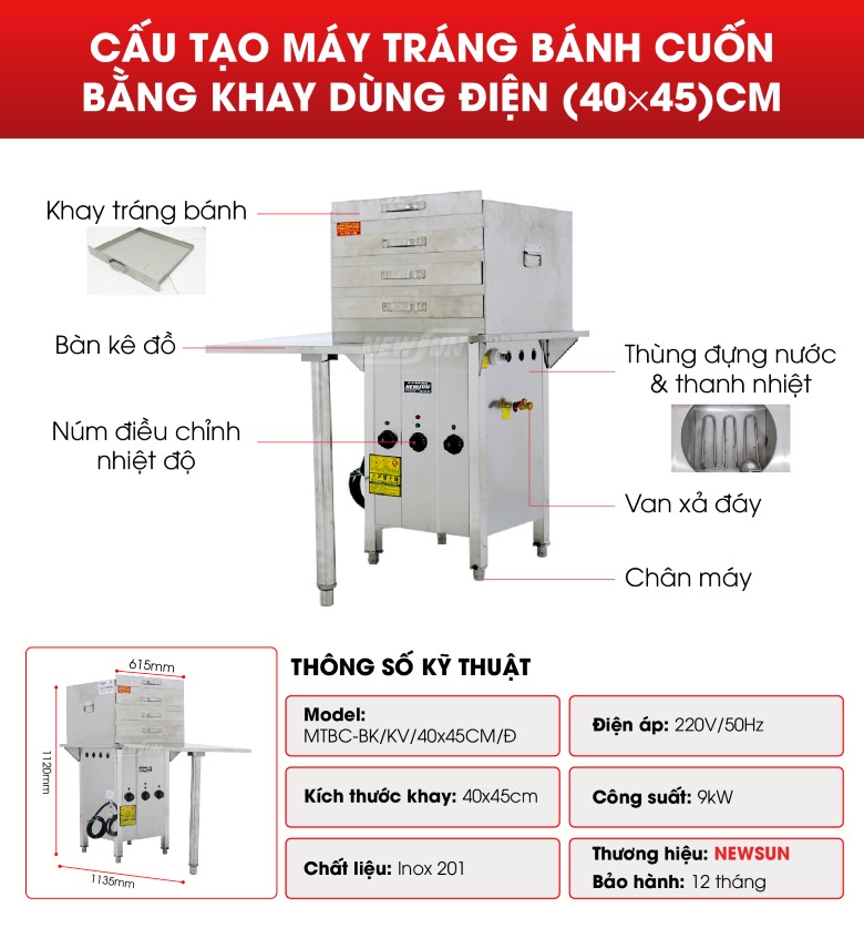 Cấu tạo máy tráng bánh cuốn điện bằng khay 40x45cm