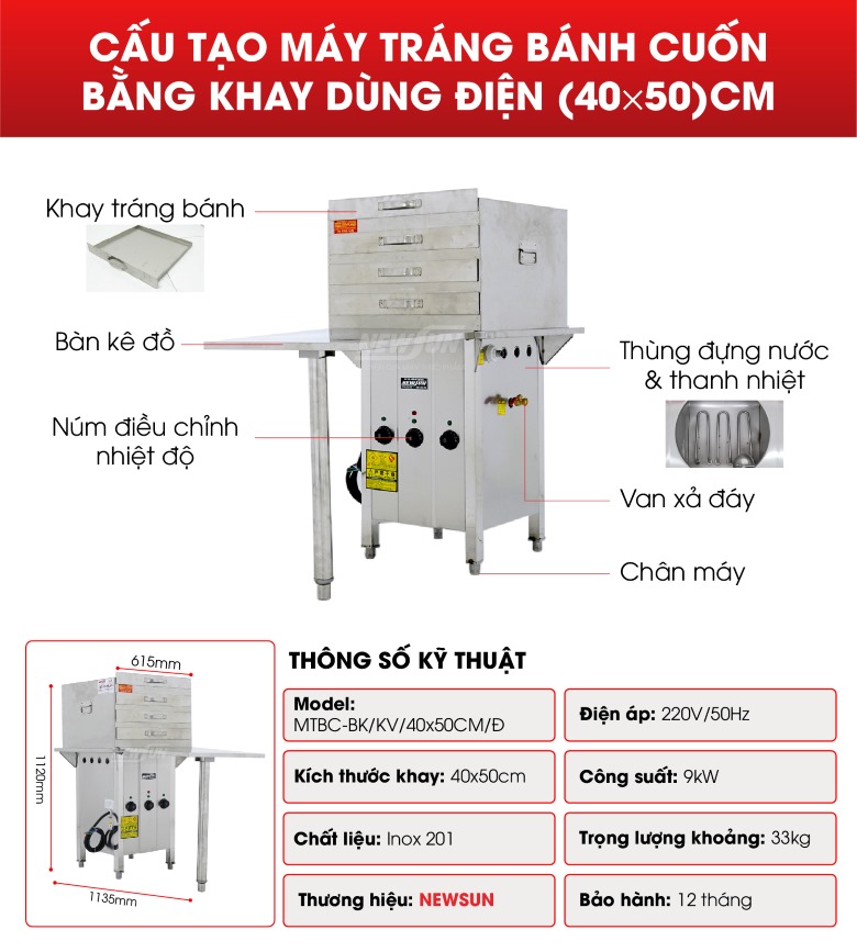 Cấu tạo máy tráng bánh cuốn điện bằng khay 40x50cm