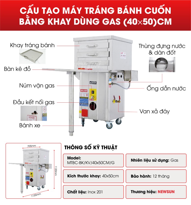 Cấu tạo máy tráng bánh cuốn gas bằng khay 40x50cm