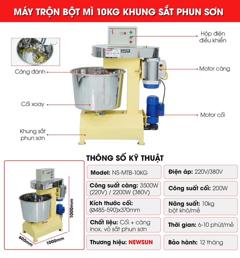 Cấu tạo máy trộn bột mì 10kg khung sắt phun sơn Cấu tạo máy trộn bột mì 10kg khung sắt phun sơn
