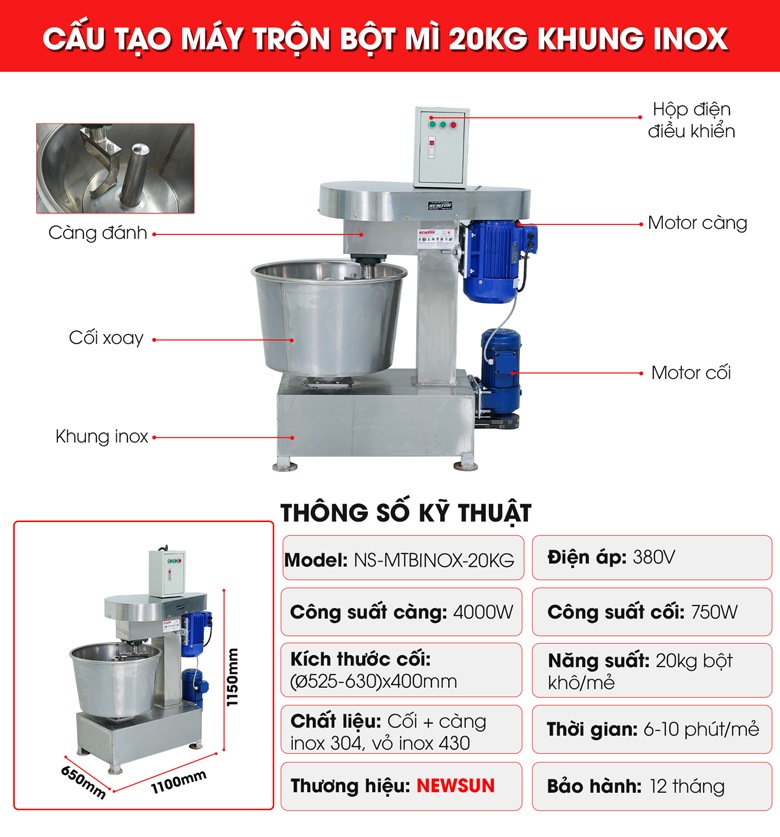 Cấu tạo máy trộn bột mì 20kg khung inox
