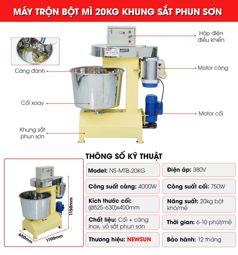 Cấu tạo máy trộn bột mì 20kg khung sắt phun sơn