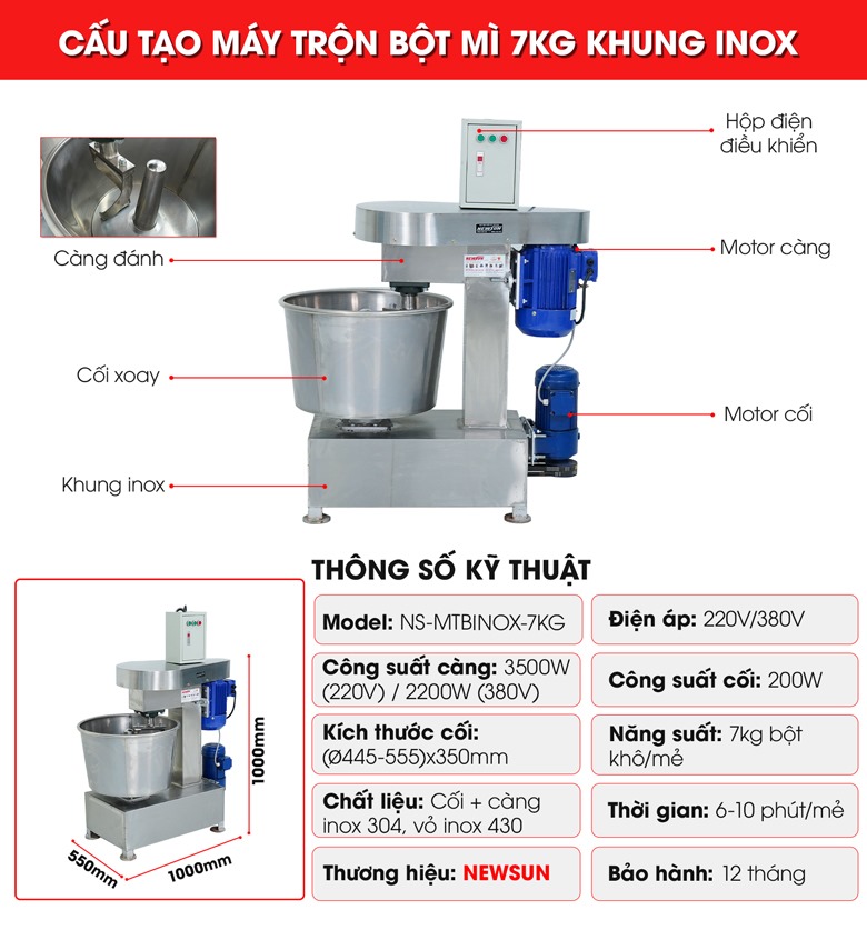 Cấu tạo máy trộn bột mì 7kg khung inox Cấu tạo máy trộn bột mì 7kg khung inox