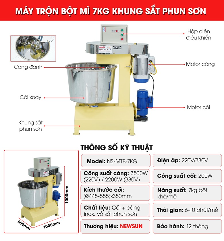 Cấu tạo máy trộn bột mì 7kg khung sắt phun sơn