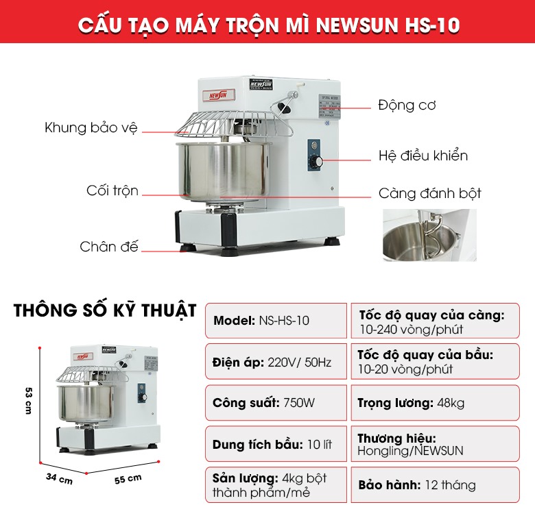 Cấu tạo máy trộn mì NEWSUN HS-10