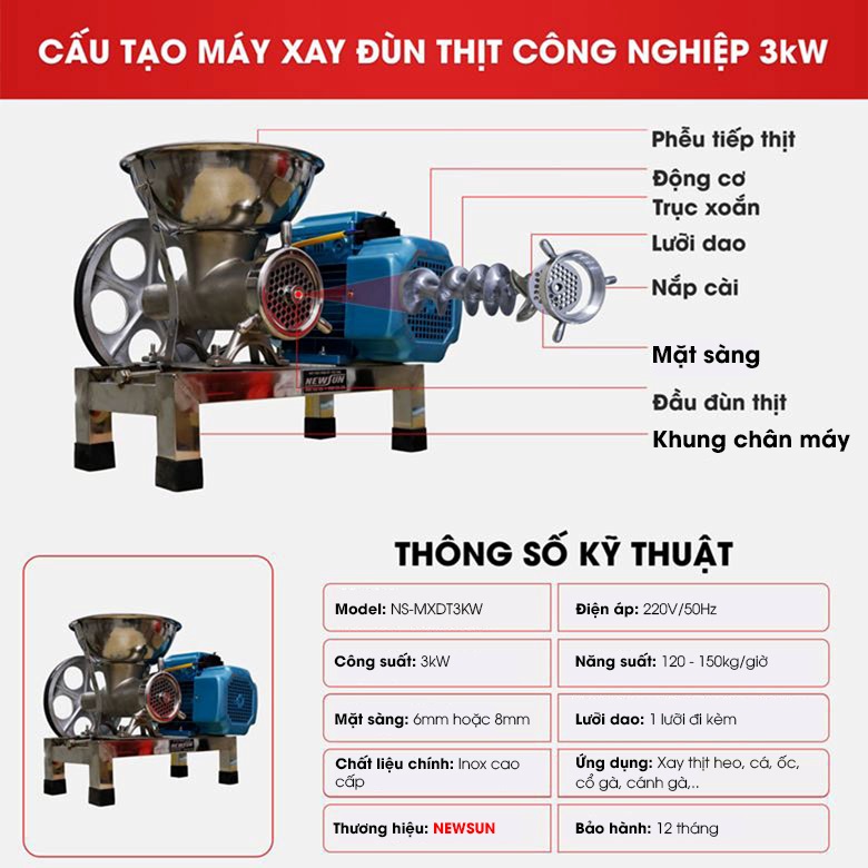 Cấu tạo máy xay đùn thịt công nghiệp 3kW Cấu tạo máy xay đùn thịt công nghiệp 3kW