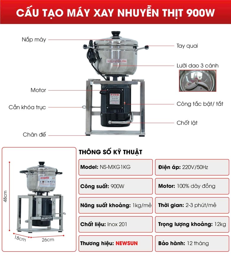 Cấu tạo máy xay nhuyễn thịt 900W