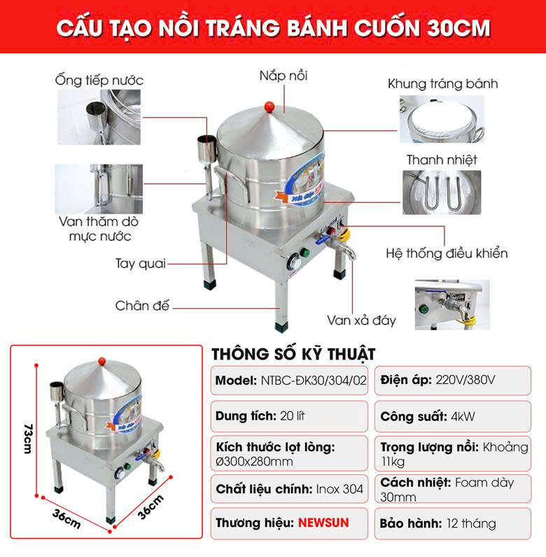Cấu tạo nồi tráng bánh cuốn điện 30cm