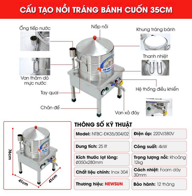 Cấu tạo nồi tráng bánh cuốn điện 35cm