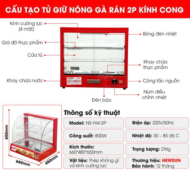 Cấu tạo tủ giữ nóng gà rán 2P