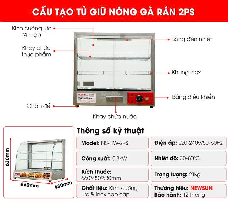 Cấu tạo tủ giữ nóng gà rán 2PS