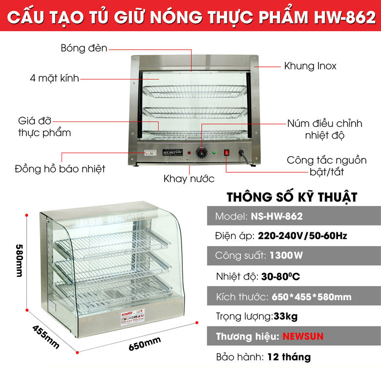 Thông số kỹ thuật sản phẩm tủ giữ nóng thực phẩm HW-862