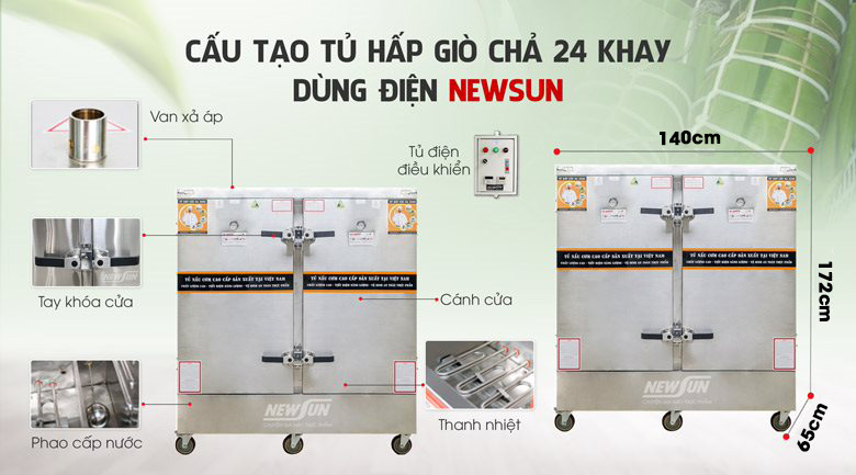 Cấu tạo tủ hấp giò chả 24 khay dùng điện NEWSUN