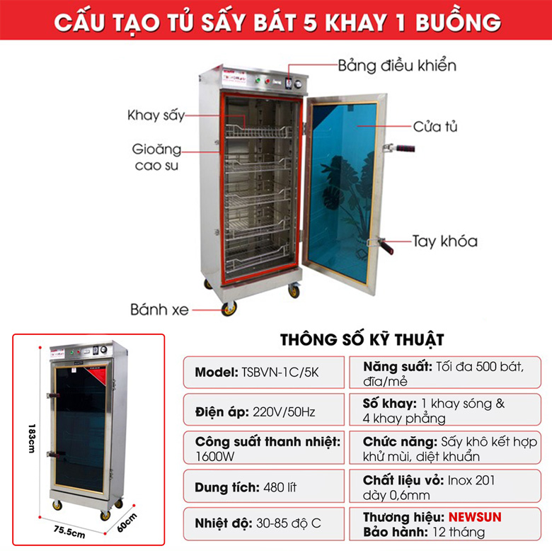 Cấu tạo tủ sấy bát công nghiệp 1 cánh (thanh nhiệt)