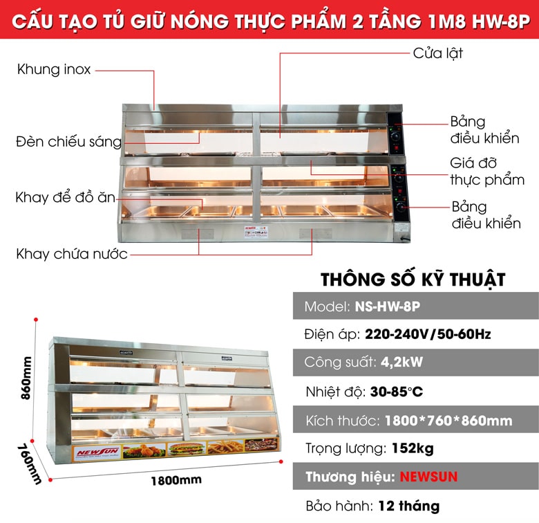 Cấu tạo tủ giữ nóng 2 tầng 1m8 HW-8P