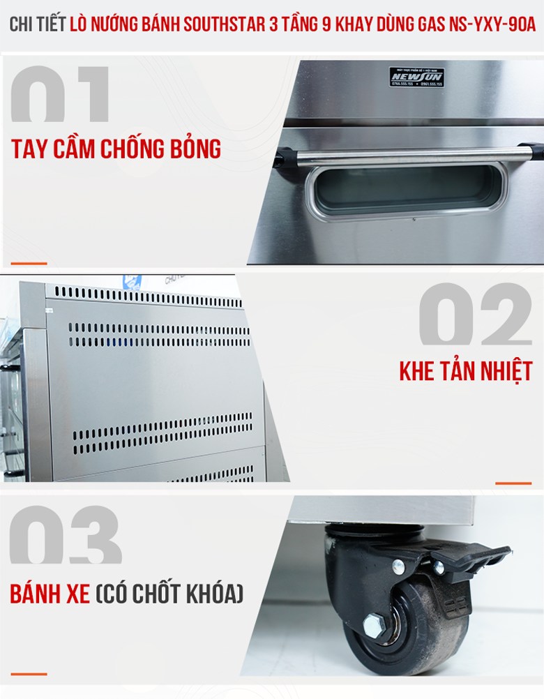 Chi tiết lò nướng bánh Southstar 3 tầng 9 khay dùng gas