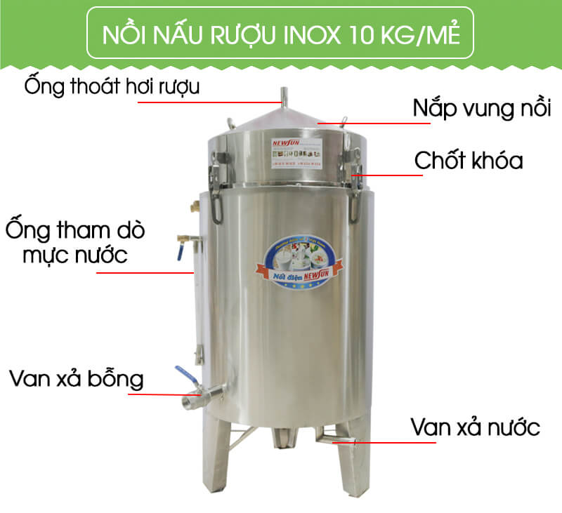 Cấu tạo của nồi nấu rượu bằng điện inox 10 kg/mẻ