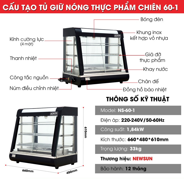 Chi tiết cấu tạo tủ giữ nóng thực phẩm chiên 60-1