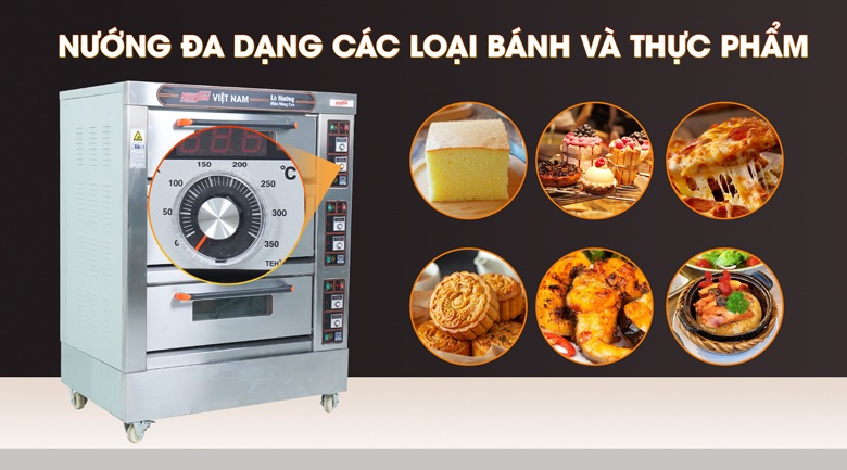 Dải nhiệt rộng từ 20-350 độ C, nướng đa dạng các loại bánh và thực phẩm
