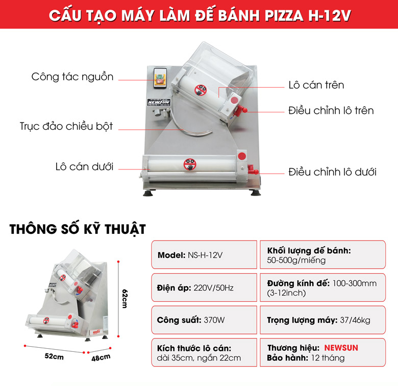Cấu tạo máy làm đế bánh Pizza H-12V