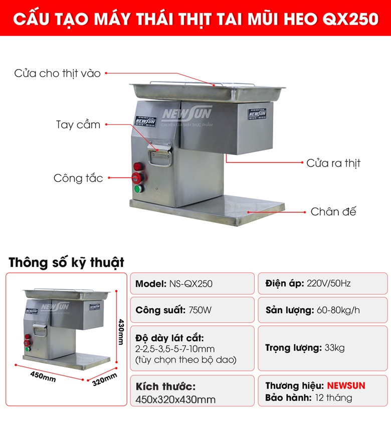 Cấu tạo của máy cắt thịt tai mũi heo QX 250