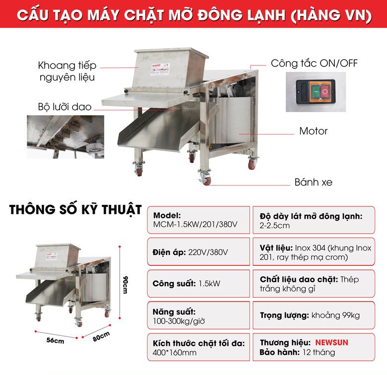 Cấu tạo máy chặt mỡ đông lạnh (hàng Việt Nam)