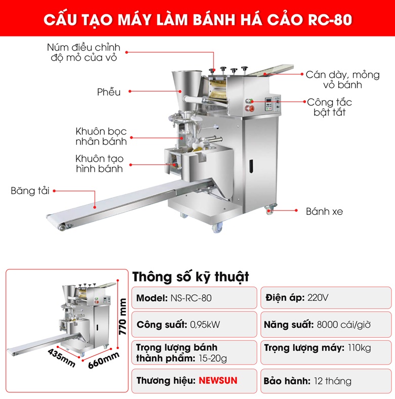 Chi tiết cấu tạo của máy làm bánh há cảo NS - RC 80