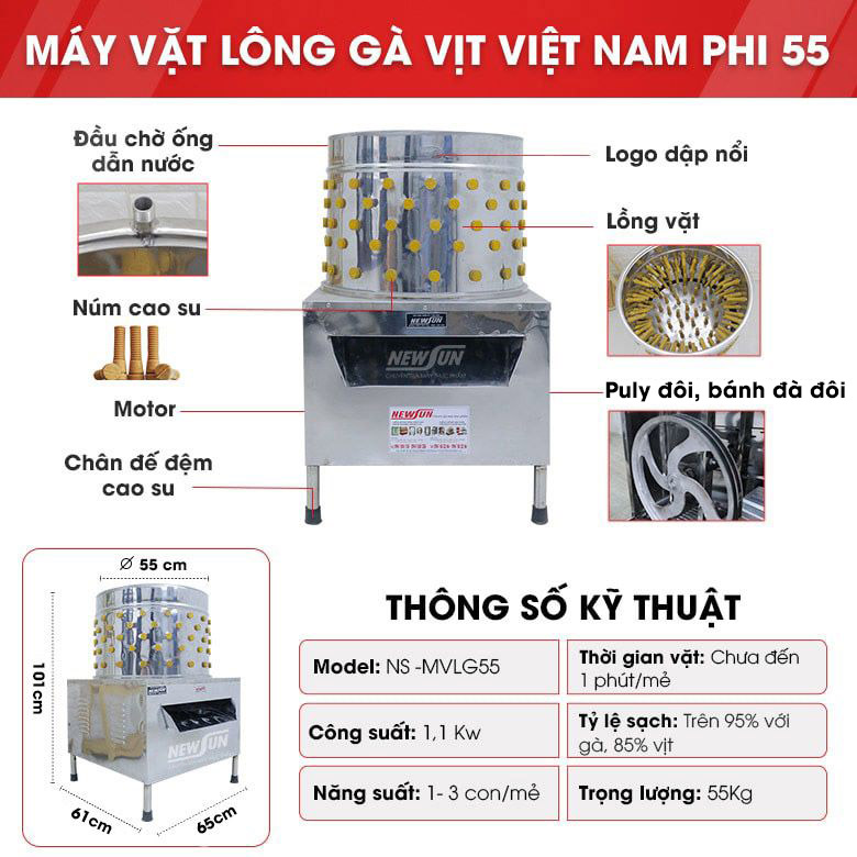 Cấu tạo máy vặt lông gà vịt Việt Nam NS 55