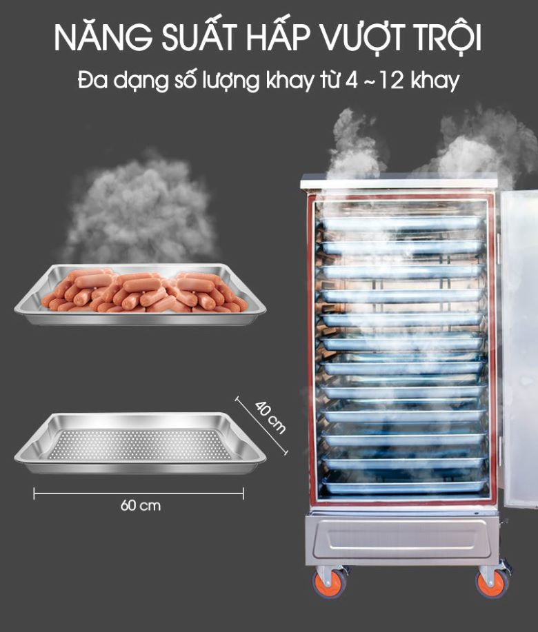 Những thanh xúc xích được hấp chín đều trên các khay