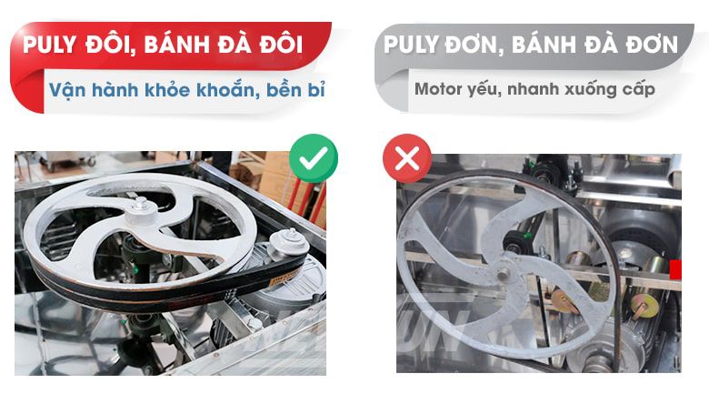 Sử dụng puly đôi, bánh đà đôi giúp máy vận hành khỏe hơn gấp nhiều lần