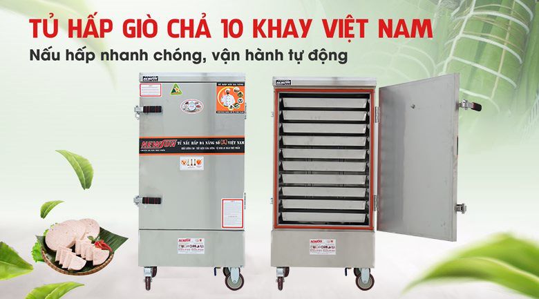 Tủ hấp giò chả 10 khay nấu hấp nhanh chóng, vận hành tự động