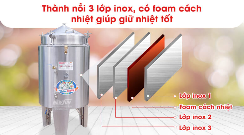 Thành nồi 4 lớp inox giữ nhiệt tốt, chưng cất nhanh và tiết kiệm điện