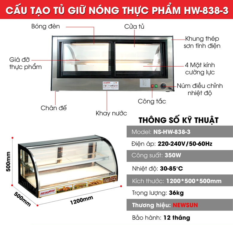 Cấu tạo tủ giữ nóng thực phẩm HW-838-3 (kính cong)