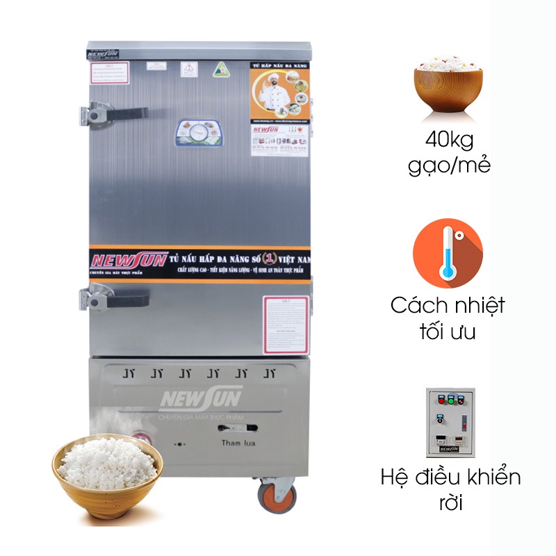 Tủ nấu cơm 10 khay dùng điện và gas inox 201 (40kg gạo/mẻ)