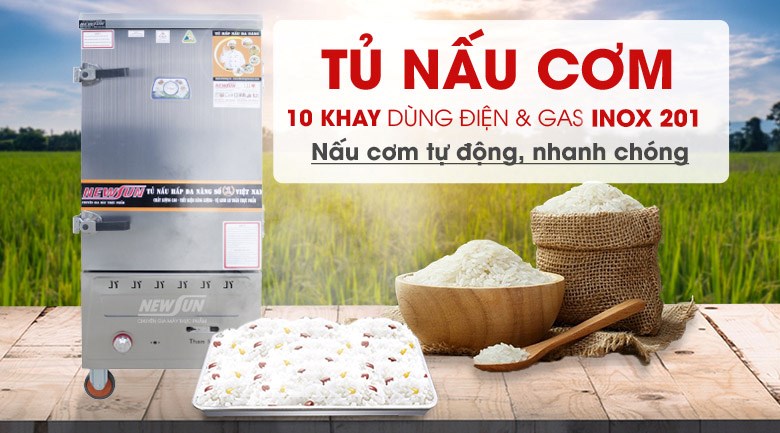 Tủ nấu cơm 10 khay dùng điện & gas inox 201 (40kg gạo/mẻ)
