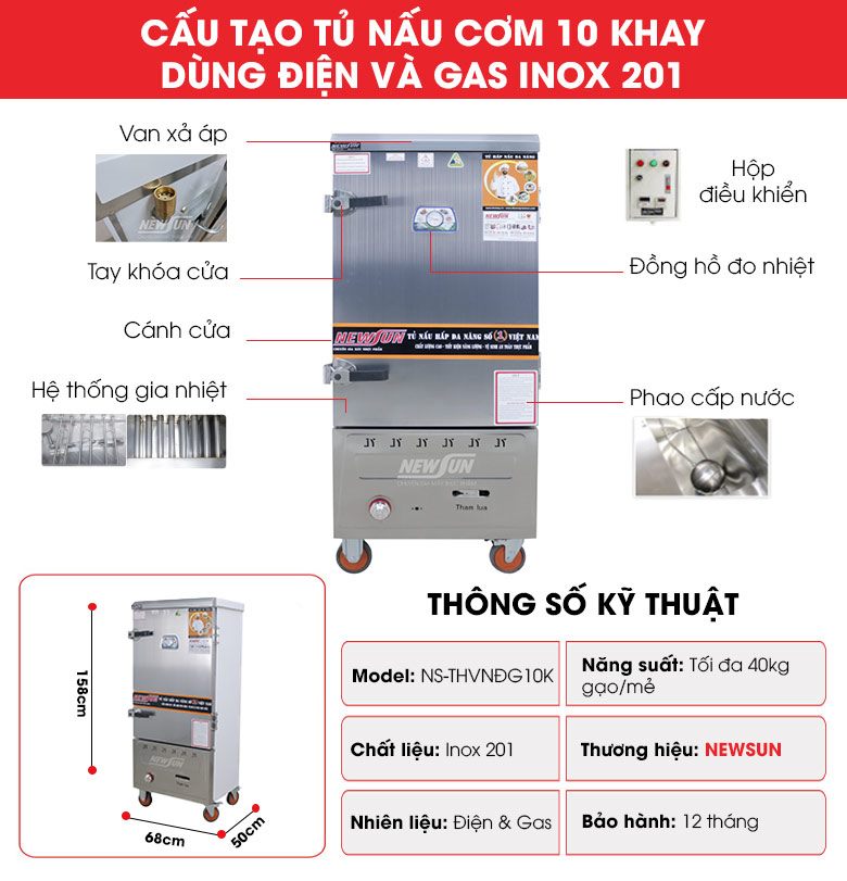Cấu tạo tủ nấu cơm 10 khay dùng điện & gas inox 201 (40kg gạo/mẻ)