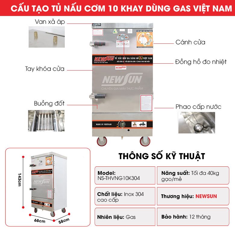 Cấu tạo tủ nấu cơm 10 khay dùng gas Việt Nam