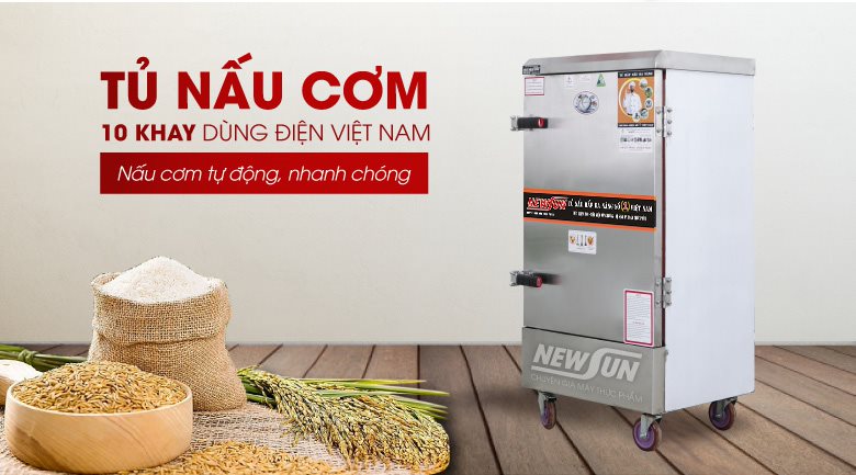 Tủ nấu cơm công nghiệp 10 khay dùng điện Việt Nam (40kg gạo/mẻ)