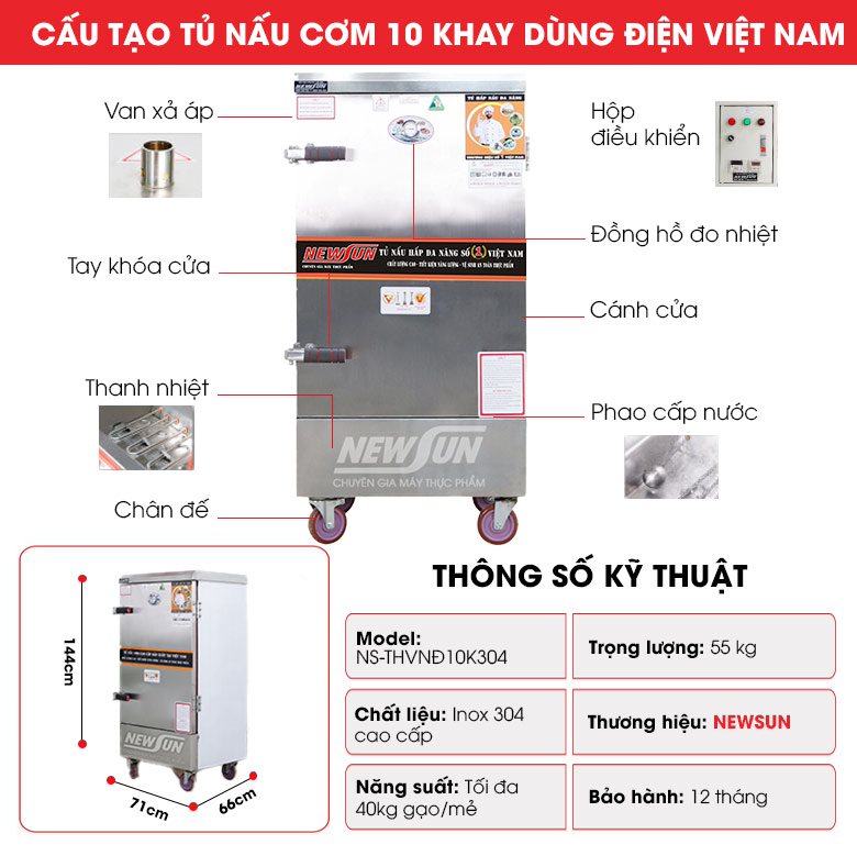 Cấu tạo tủ nấu cơm 10 khay dùng điện Việt Nam