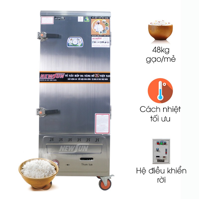 Tủ nấu cơm 12 khay dùng điện và gas inox 201 (48kg gạo/mẻ)