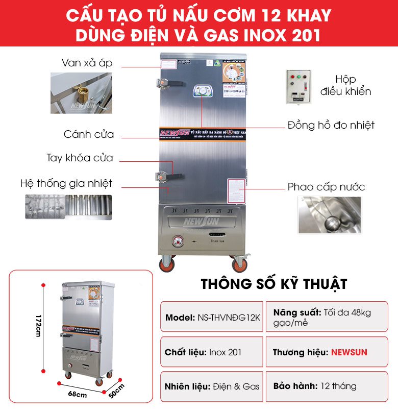 Cấu tạo tủ nấu cơm 12 khay dùng điện & gas inox 201 (48kg gạo/mẻ)
