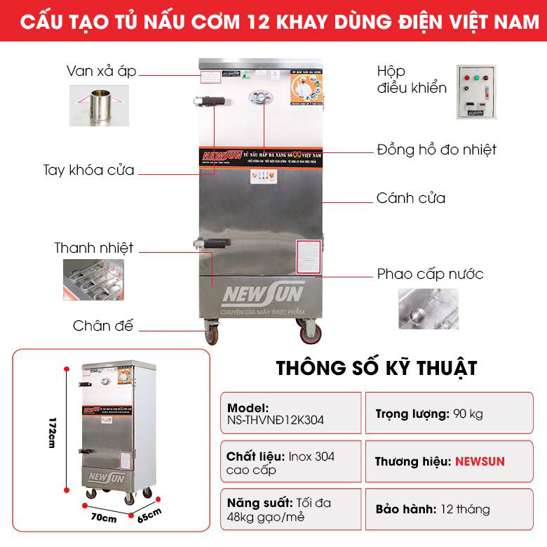 Cấu tạo tủ nấu cơm 12 khay dùng điện Việt Nam