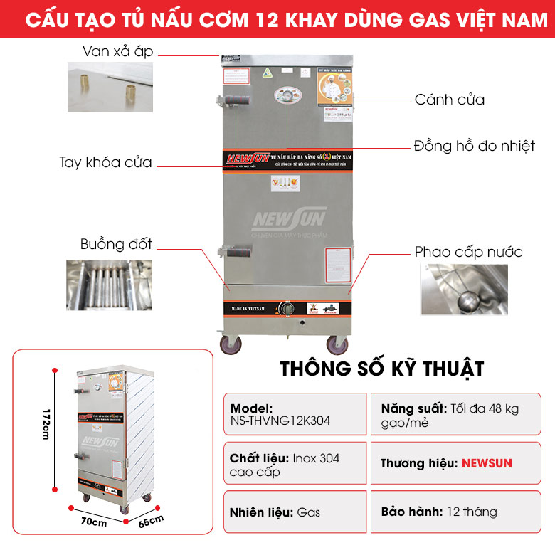 Cấu tạo tủ nấu cơm 12 khay dùng gas Việt Nam