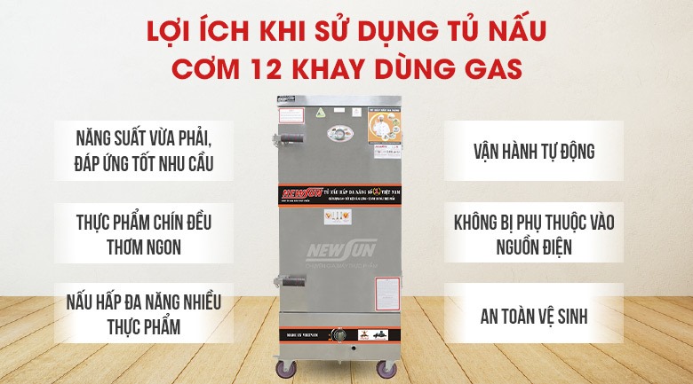 Lợi ích khi sử dụng tủ nấu cơm 12 khay dùng gas Việt Nam (48kg gạo/lần)