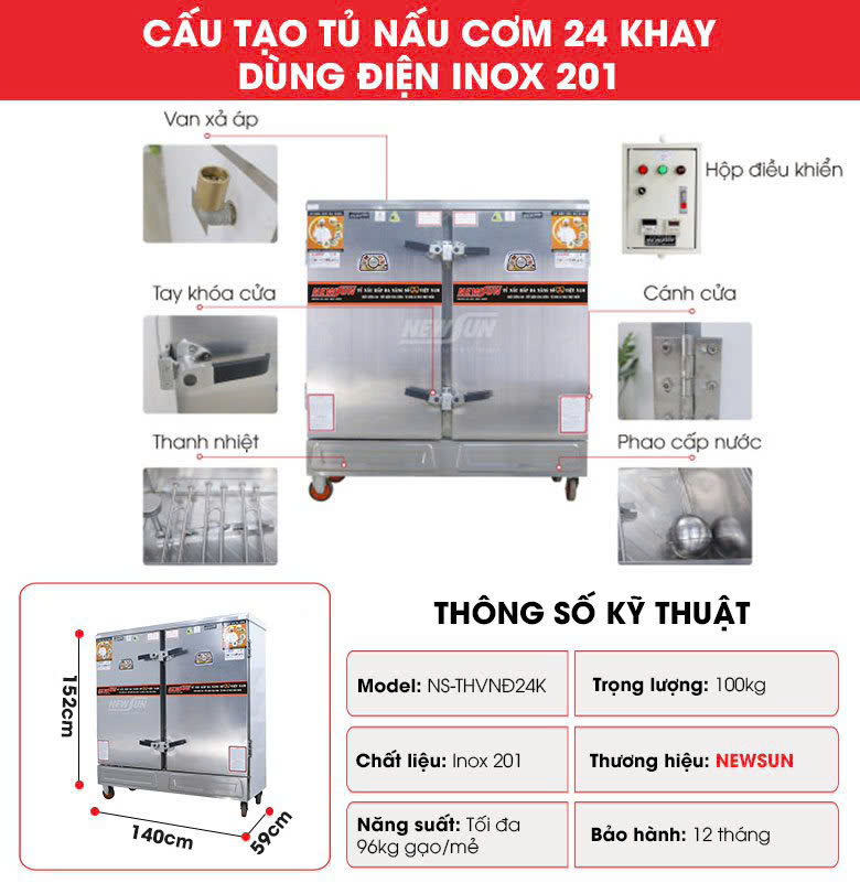 Cấu tạo tủ nấu cơm 24 khay dùng điện inox 201