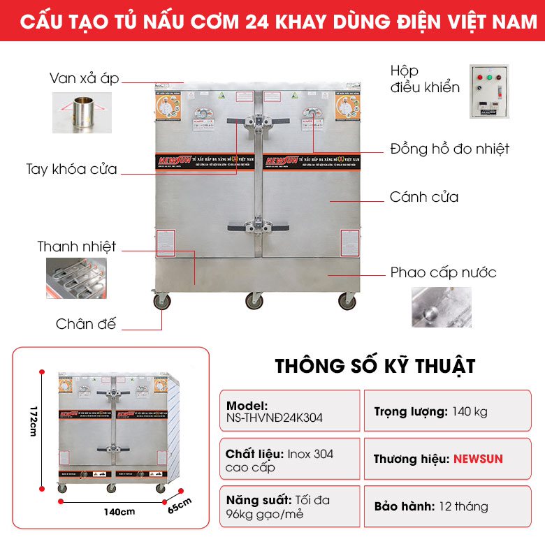 Cấu tạo tủ nấu cơm 24 khay dùng điện Việt Nam